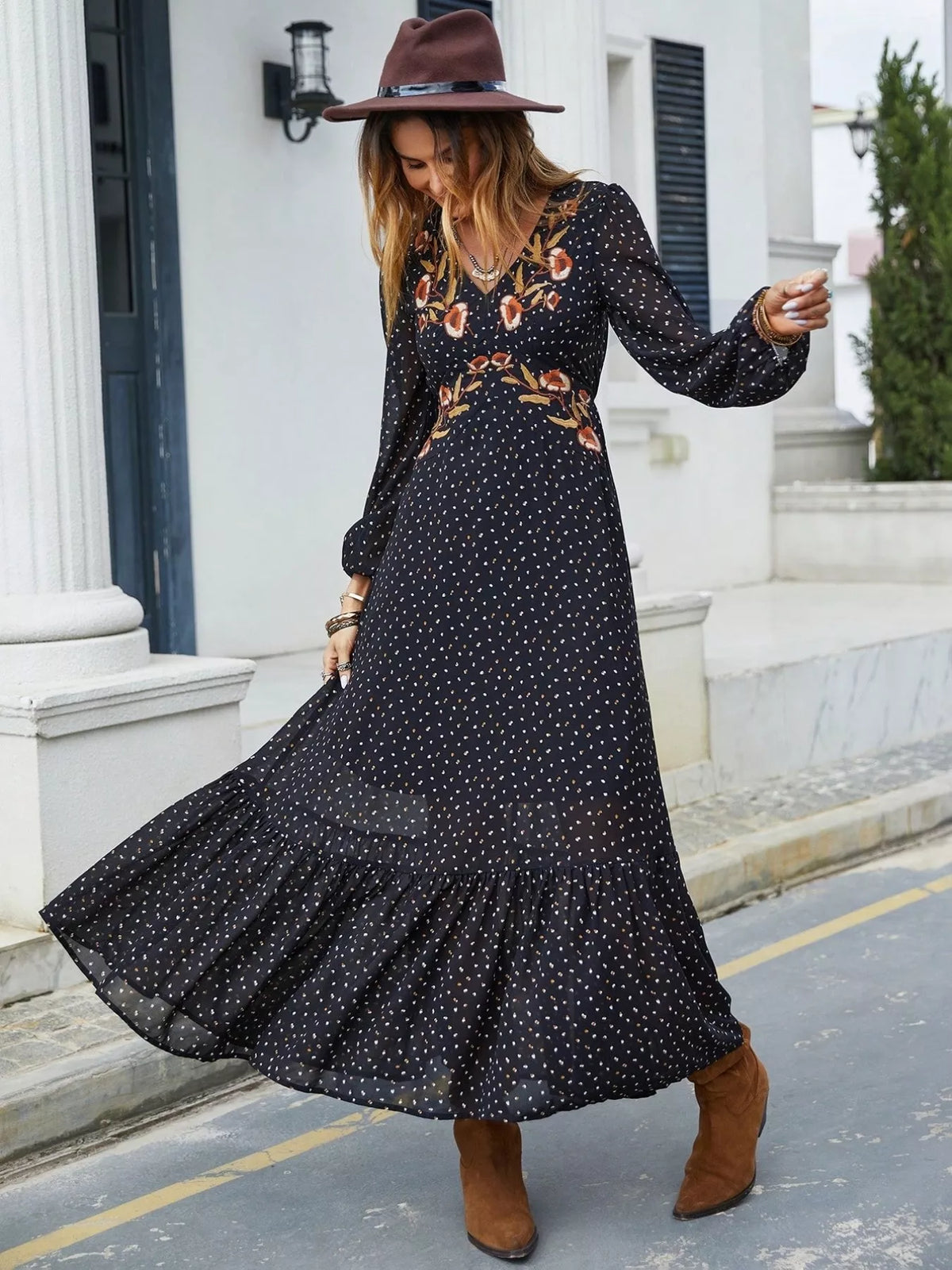 Plus Size Floral Embroidered Polka Dot Maxi Dress - Glamourous Grace