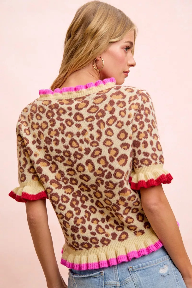 BiBi Leopard Patterned Ruffled Detail Button Cardigan - Glamourous Grace