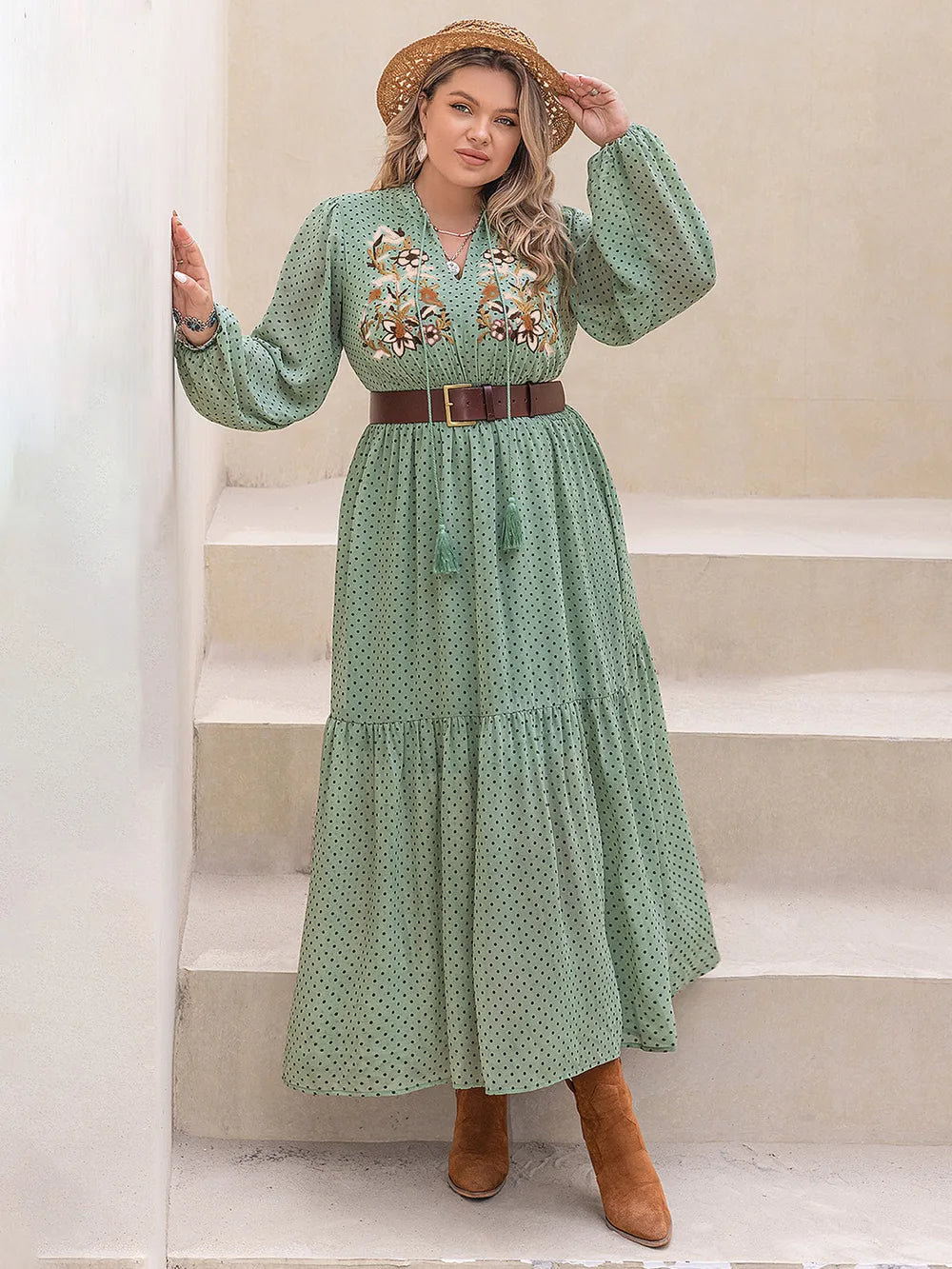 Plus Size Tassel Printed Tie Neck Long Sleeve Midi Dress - Glamourous Grace