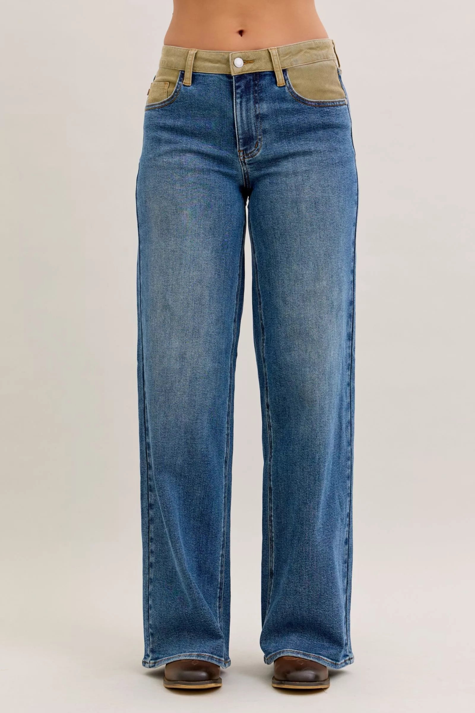 Judy Blue Mid Rise Column Straight Jeans with Corduroy Waist