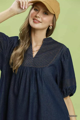 Umgee Notched Puff Sleeve Mini Dress with Pockets - Glamourous Grace