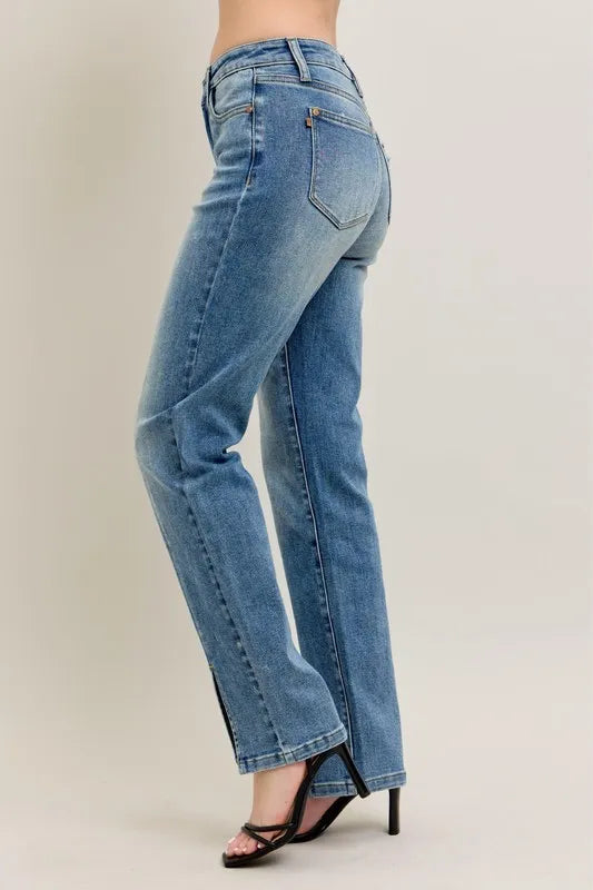 Judy Blue High Waist Vintage Wash Front Seam Slit Straight Leg Denim Jeans