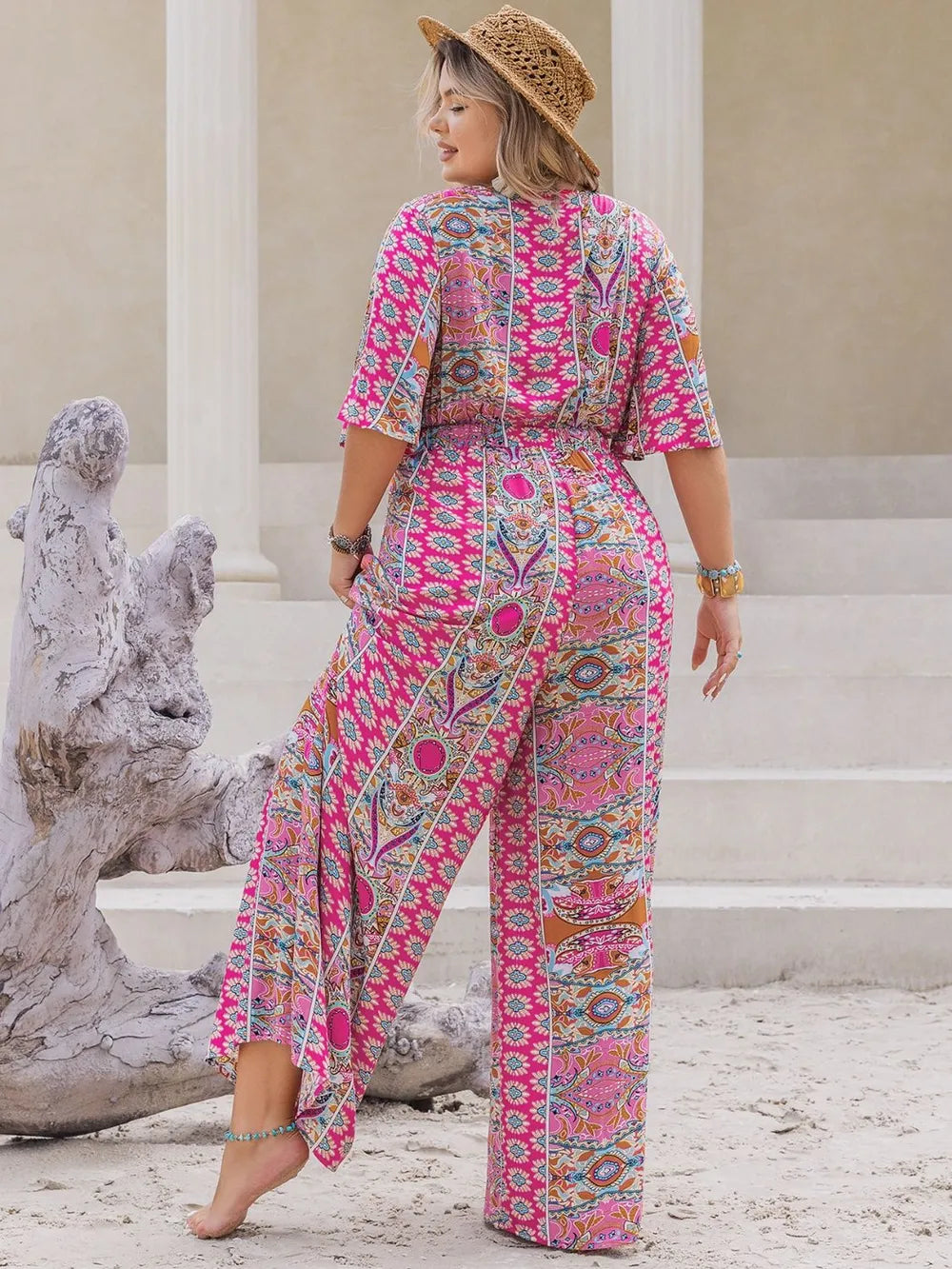 Plus Size Printed Half Sleeve Wide Leg Jumpsuit - Glamourous Grace