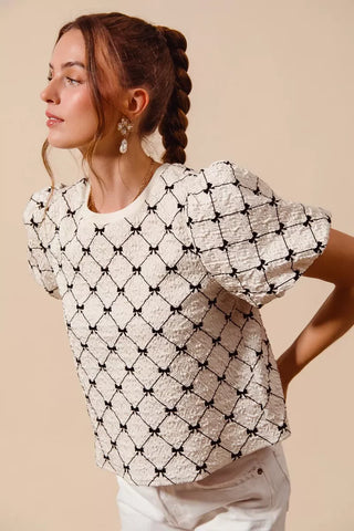 SO ME Bow Texture Woven Bubble Sleeve Top - Glamourous Grace