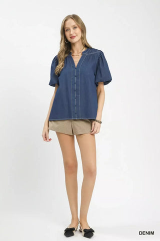 Umgee Denim Button Front Puff Sleeve Boho Blouse - Glamourous Grace