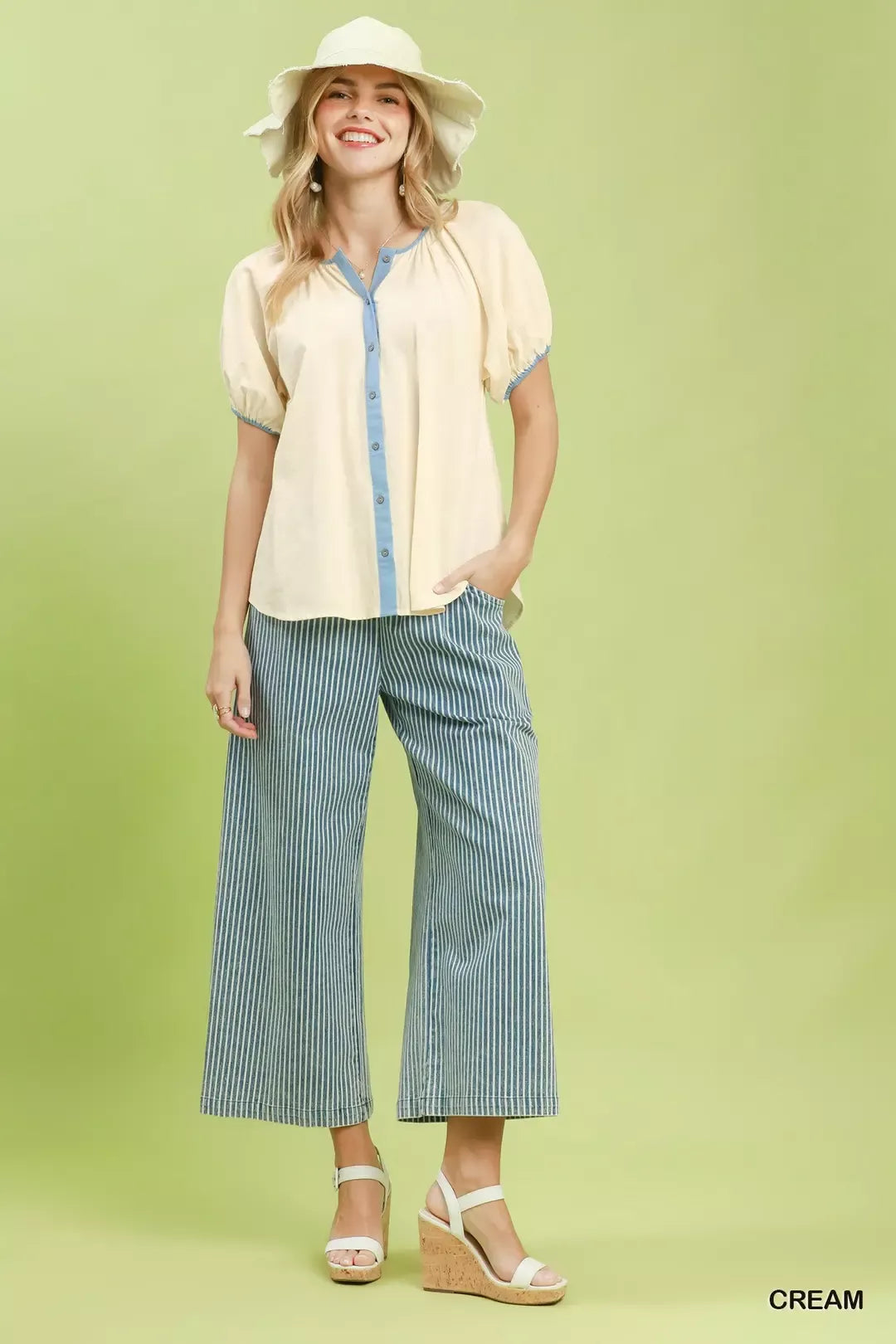 Umgee Contrast Trim Button Front Puff Sleeve Blouse - Glamourous Grace