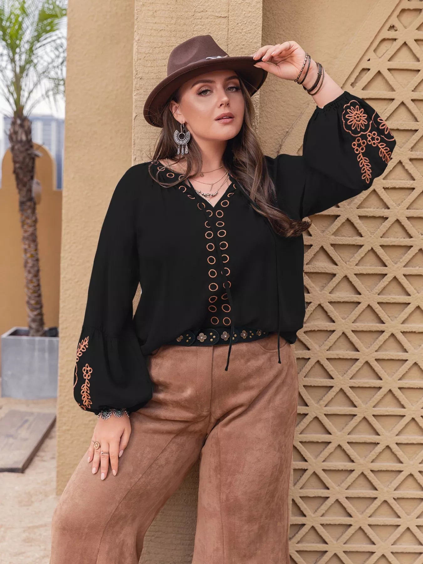 Plus Size Boho Embroidered Long Sleeve Blouse - Glamourous Grace