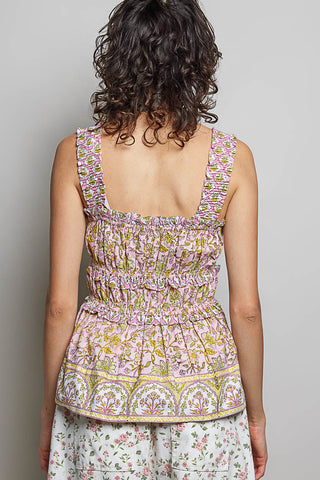 POL Smocked Printed Square Neck Peplum Tank with Ruffle Trim - Glamourous Grace