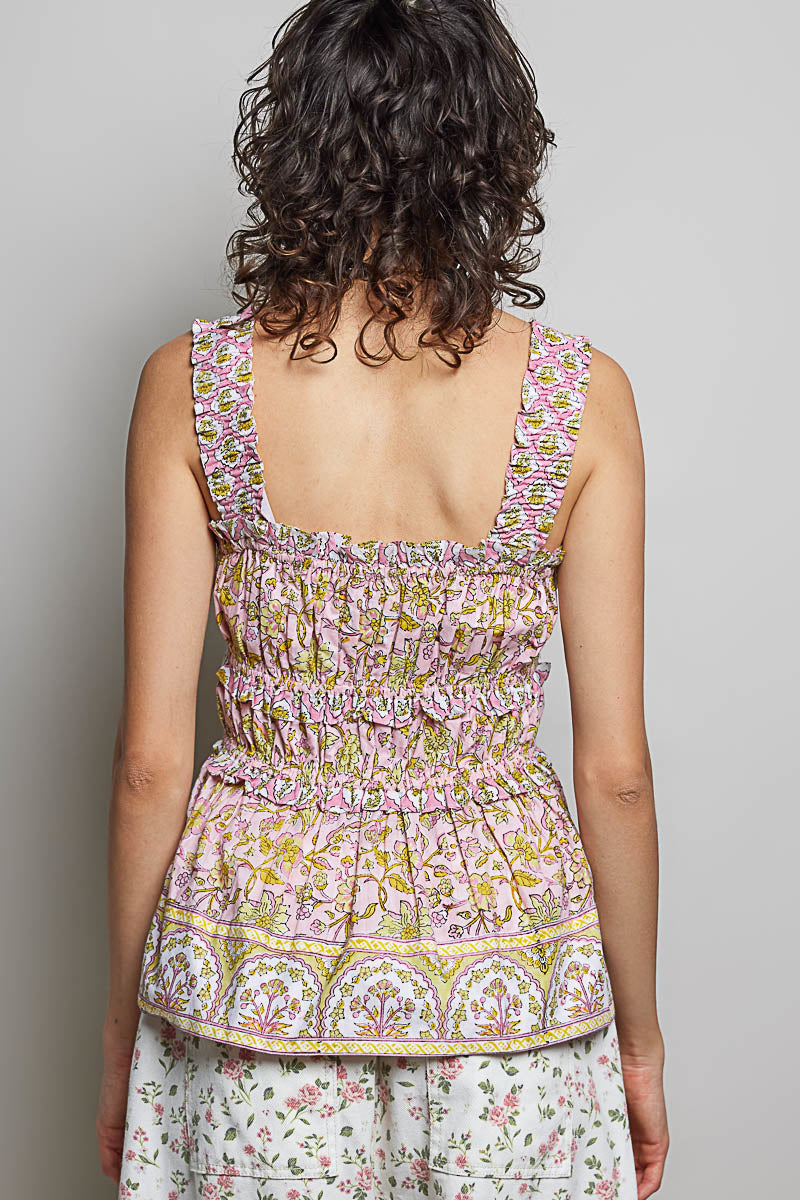 POL Smocked Printed Square Neck Peplum Tank with Ruffle Trim - Glamourous Grace