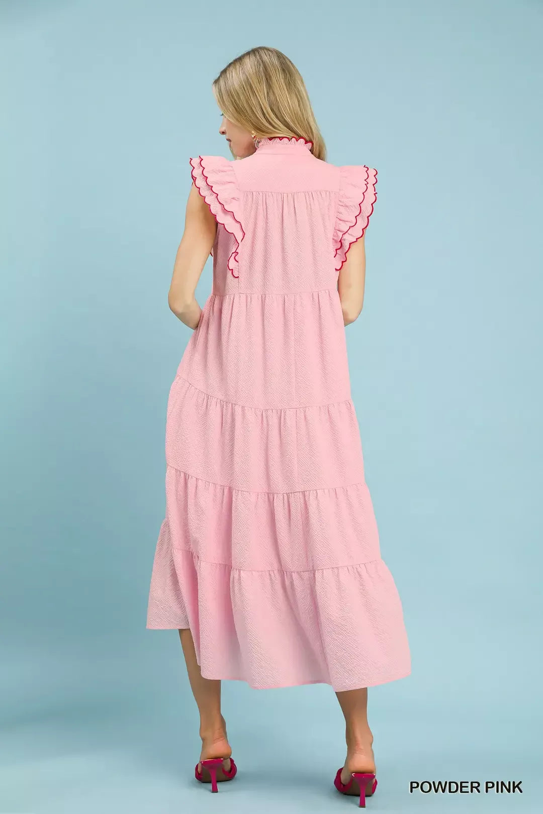 Umgee Seersucker Ruffle Sleeve Tiered Midi Dress - Glamourous Grace