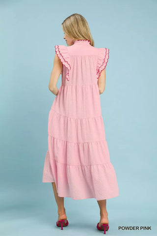 Umgee Seersucker Ruffle Sleeve Tiered Midi Dress - Glamourous Grace