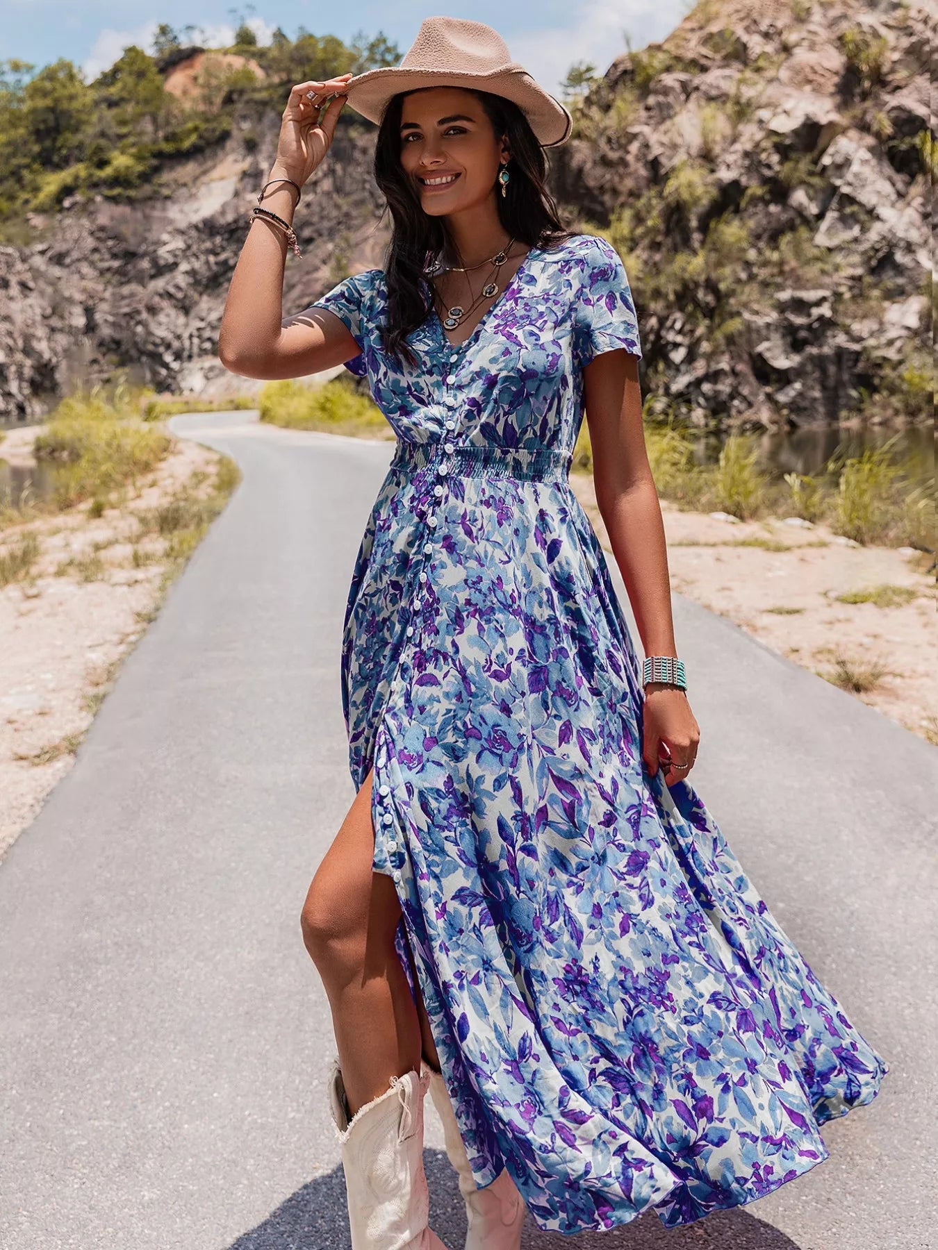 Floral Print V-Neck Slit Midi Dress - Glamourous Grace