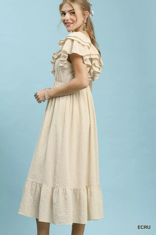 Umgee Textured Ruffle Midi Dress in Ecru - Glamourous Grace