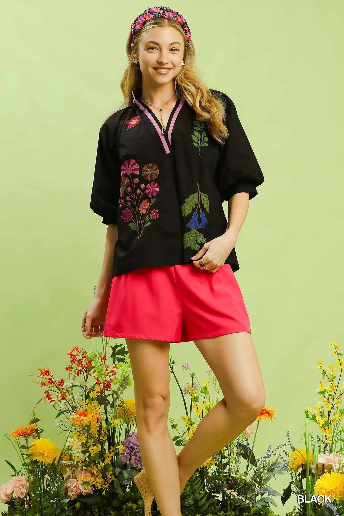 Umgee Embroidered Floral V-Neck Blouse - Glamourous Grace