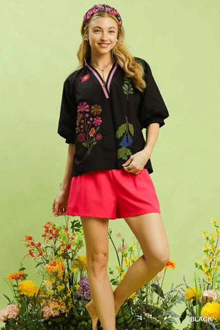 Umgee Embroidered Floral V-Neck Blouse - Glamourous Grace