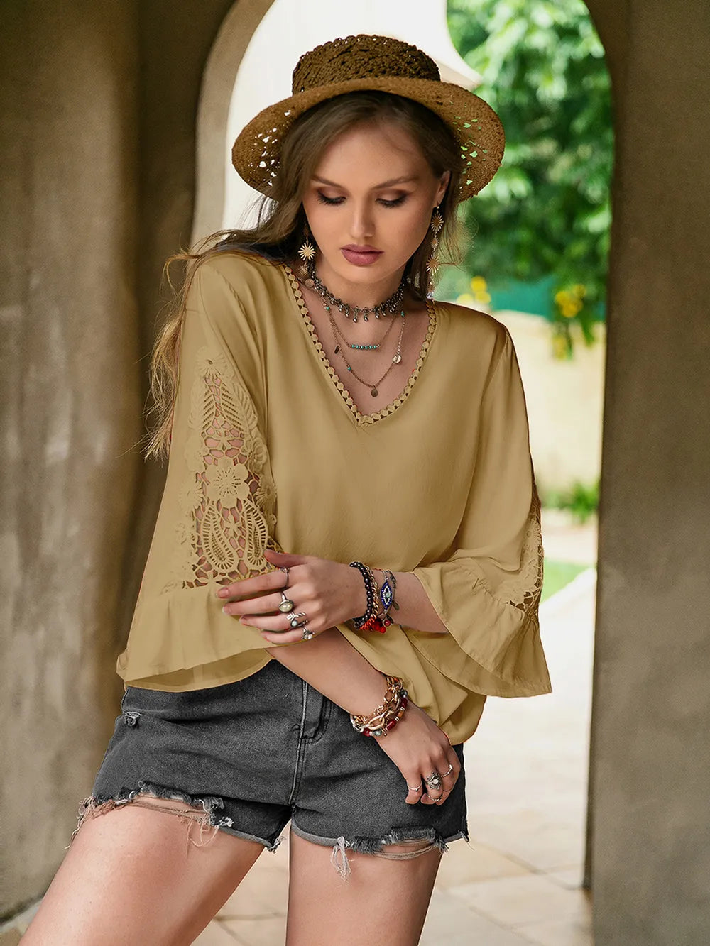 Plus Size Lace Detail V-Neck Flounce Sleeve Blouse - Glamourous Grace
