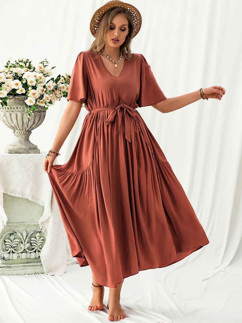Plus Size V-Neck Flutter Sleeve Midi Dress - Glamourous Grace