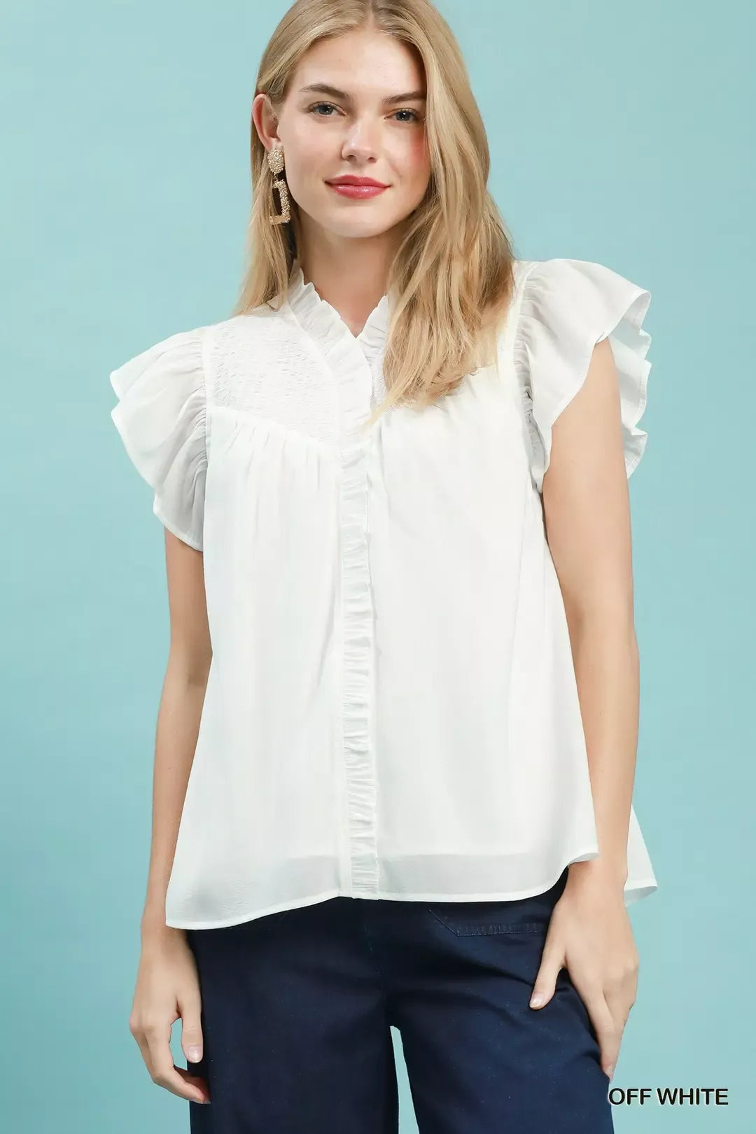 Umgee Smocked Yoke Ruffle Sleeve Blouse - Glamourous Grace