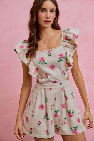 SO ME Floral Print Denim Cut Out Waist Ruffled Romper - Glamourous Grace