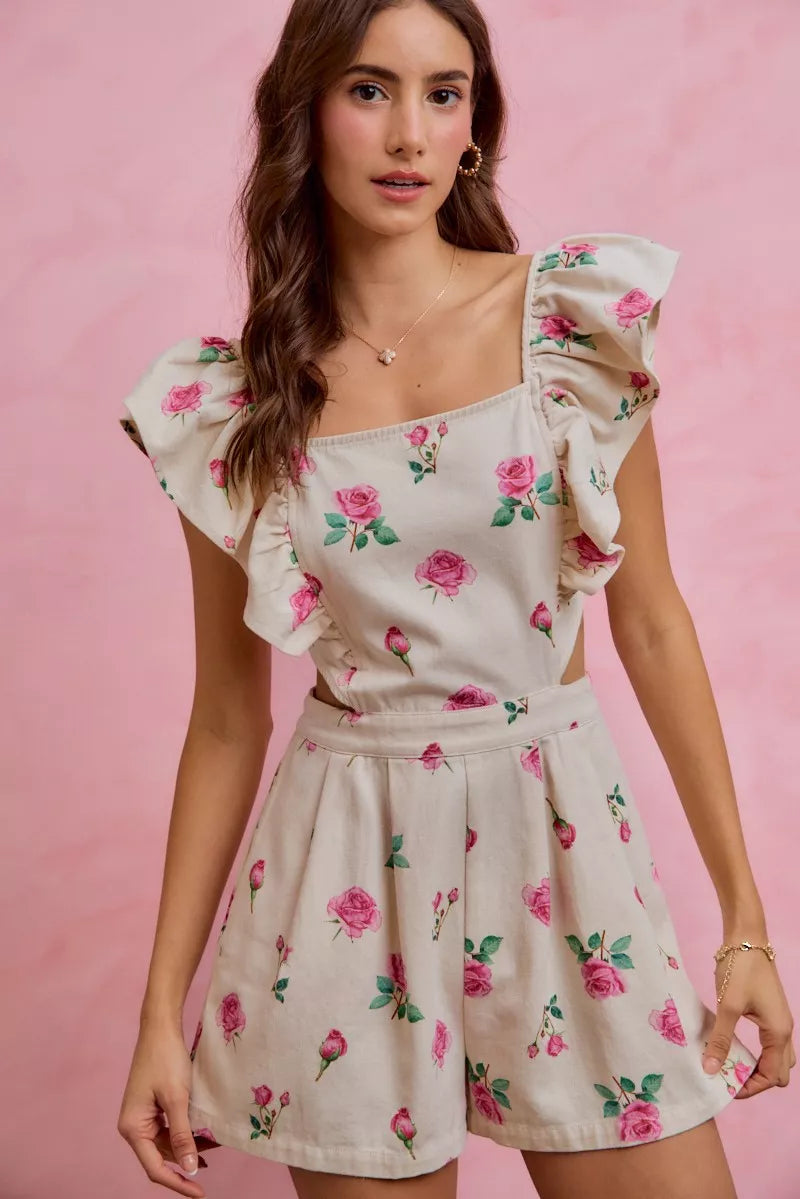 SO ME Floral Print Denim Cut Out Waist Ruffled Romper - Glamourous Grace