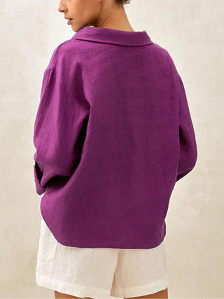 LINTICO 100% linen draped neck top, stylish blouse with relaxed fit and elegant draping, perfect for casual or dressy occasions.
