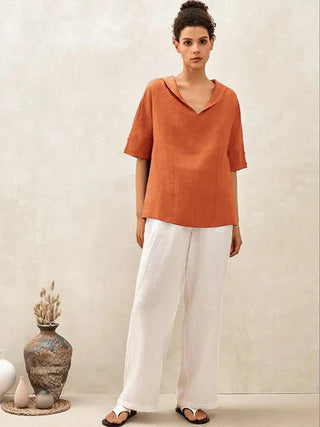 Linen V Neck Short Sleeve Shirt SIERRA - Glamourous Grace
