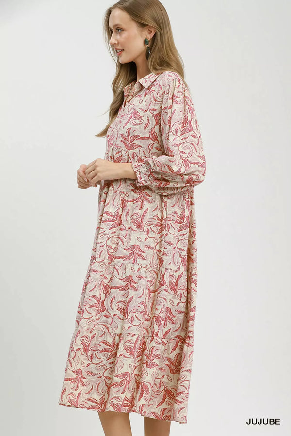 Umgee Linen Botanical Print Tiered Midi Dress - Glamourous Grace