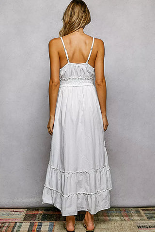 POL Embroidered Detail Tassel Tie Smocked Waist Midi Tiered Cami Dress - Glamourous Grace