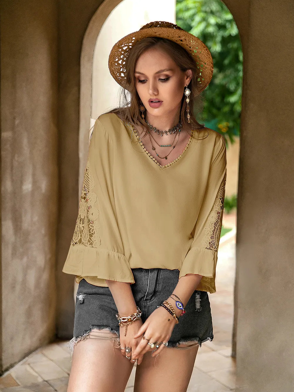 Plus Size Lace Detail V-Neck Flounce Sleeve Blouse - Glamourous Grace