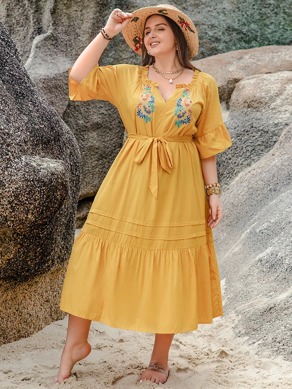 Plus Size Notched Tie Waist Half Sleeve Midi Dress - Glamourous Grace