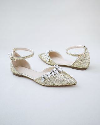 Pointy Toe Glitter Ankle Strap Flats with Teardrop Rhinestones