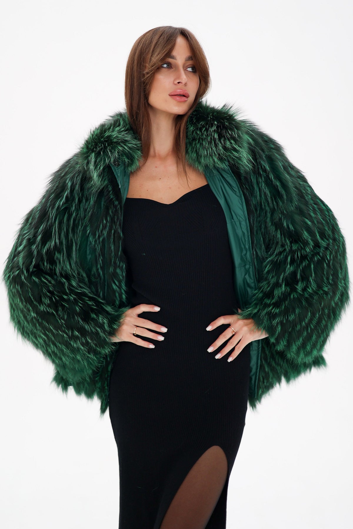 Reversible Genuine Silver Fox  Down Fill Coat in Emerald