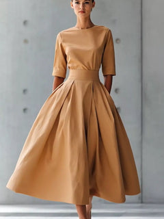 Round Neck A-Line Midi Dress
