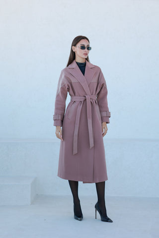 Rose Leather Trim Cashmere Blend Overcoat