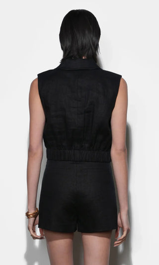 Haisley Linen Lapel Black Vest With Elastic Hem