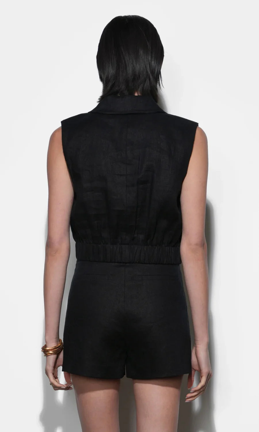 Haisley Linen Lapel Black Vest With Elastic Hem