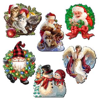 Santa and Friends Clip-On Eco Wood Decorative Ornaments Set of 6 by D. Gelsinger - Christmas Decor - 8090134C-S6
