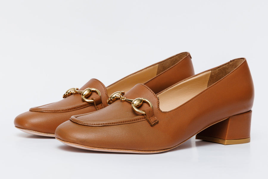 The Delhi Brown Leather Block Heel Pump Women Shoe - Glamourous Grace