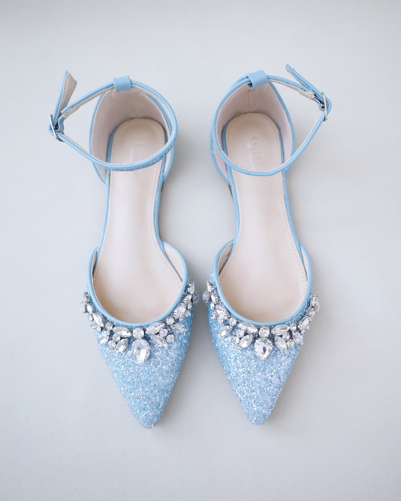 Pointy Toe Glitter Ankle Strap Flats with Teardrop Rhinestones - Glamourous Grace