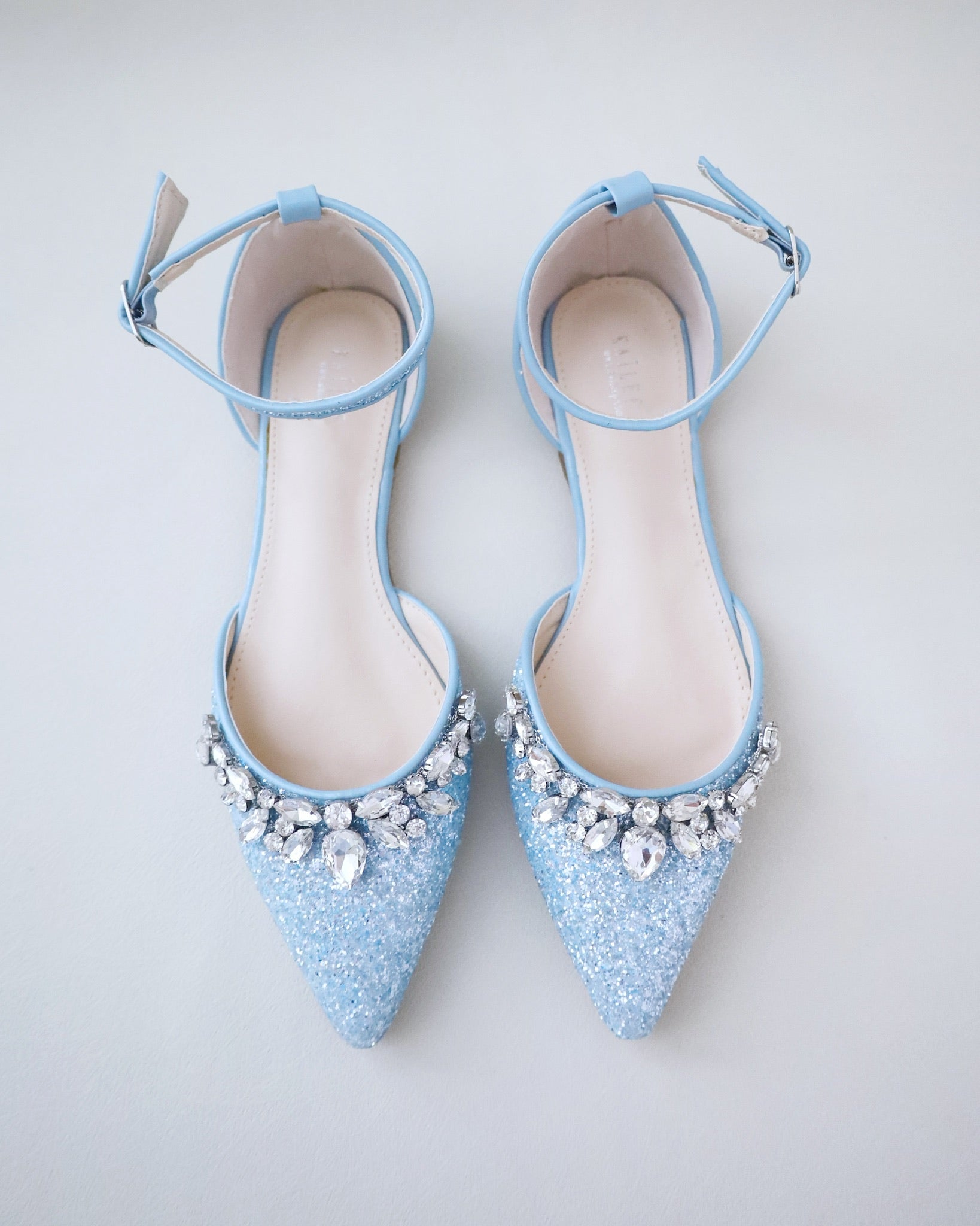 Pointy Toe Glitter Ankle Strap Flats with Teardrop Rhinestones