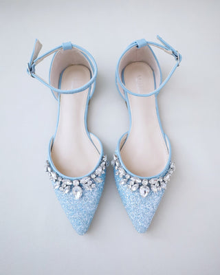 Pointy Toe Glitter Ankle Strap Flats with Teardrop Rhinestones
