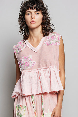 POL Floral Patch Ruffled Sleeveless Top with Raw Edge Detail in Pink - Glamourous Grace