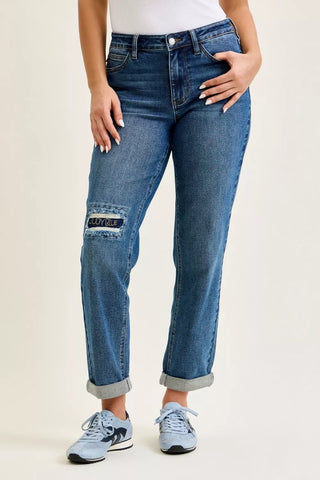 Judy Blue Mid Rise Embroidered Repair Patch Boyfriend Denim Jeans 881071