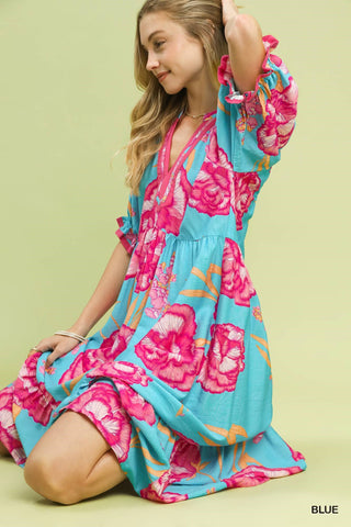 Umgee Floral Print Midi Dress with Contrast Trim - Glamourous Grace
