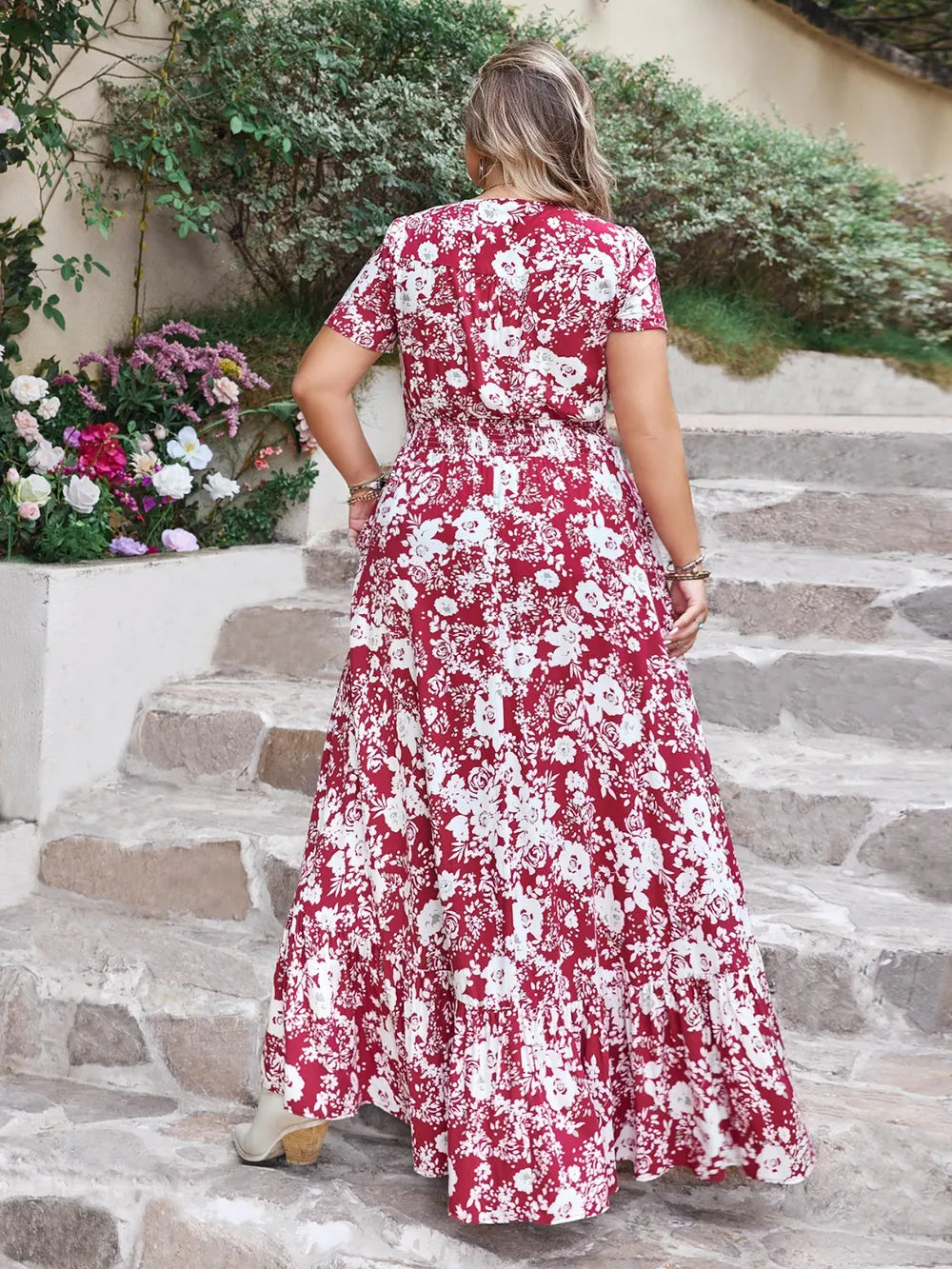Plus Size Slit Printed V-Neck Maxi Dress - Glamourous Grace