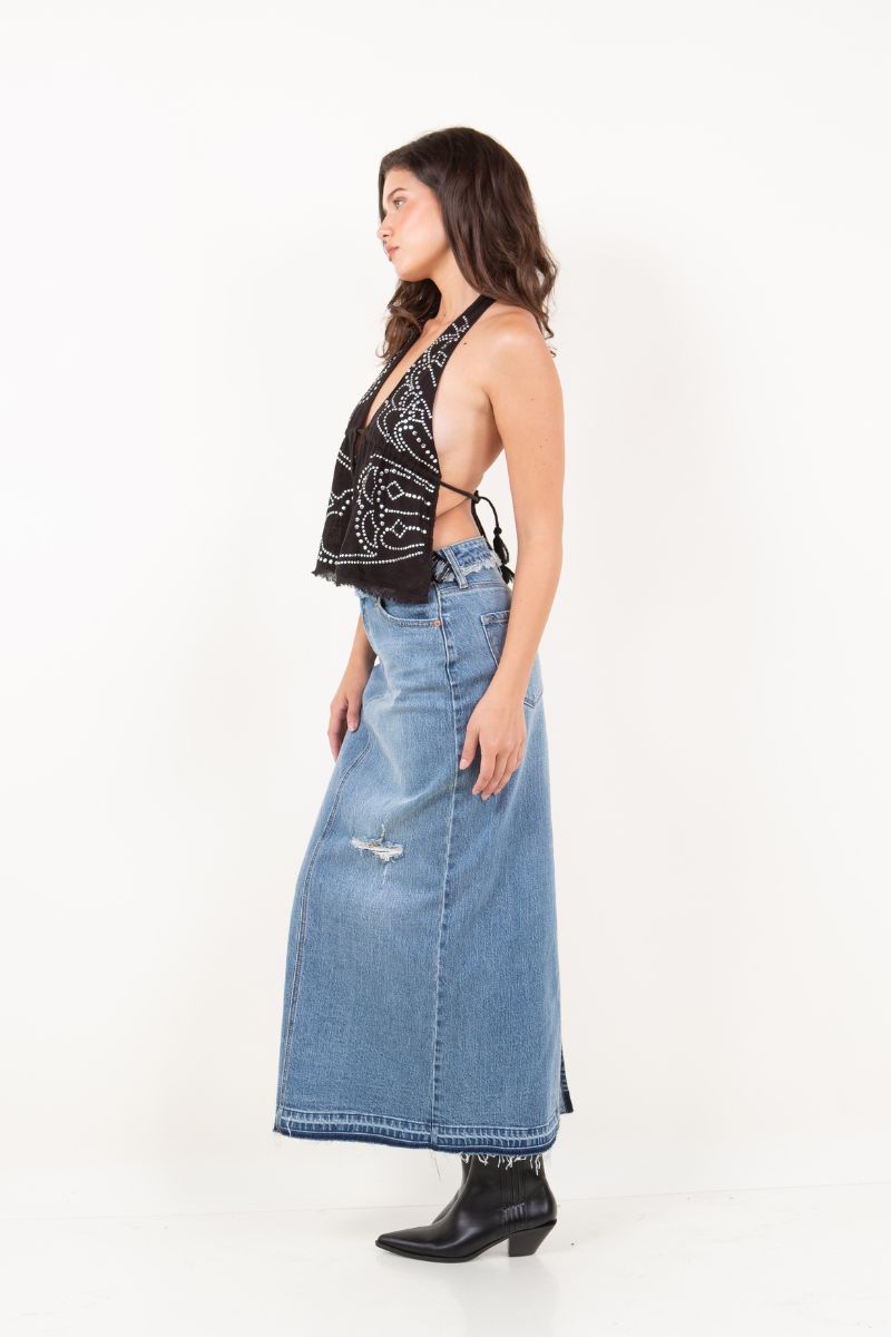 Livia Denim Maxi Skirt Frayed Waistband w/ Slit Detail - Glamourous Grace