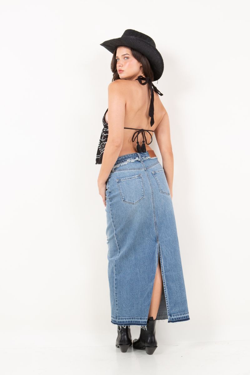 Livia Denim Maxi Skirt Frayed Waistband w/ Slit Detail - Glamourous Grace