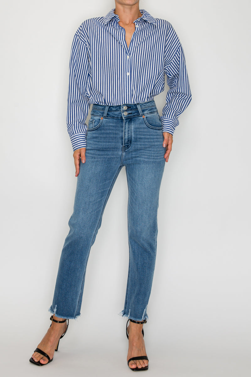 Altitude Heights Corset Double Waistband Straight Frayed Hem Jeans - Glamourous Grace
