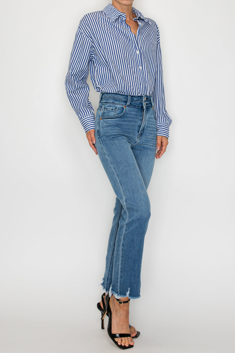 Altitude Heights Corset Double Waistband Straight Frayed Hem Jeans - Glamourous Grace