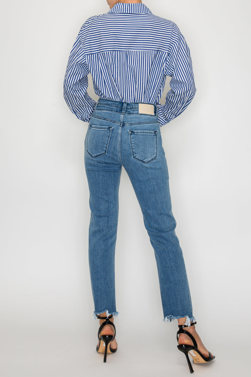Altitude Heights Corset Double Waistband Straight Frayed Hem Jeans - Glamourous Grace